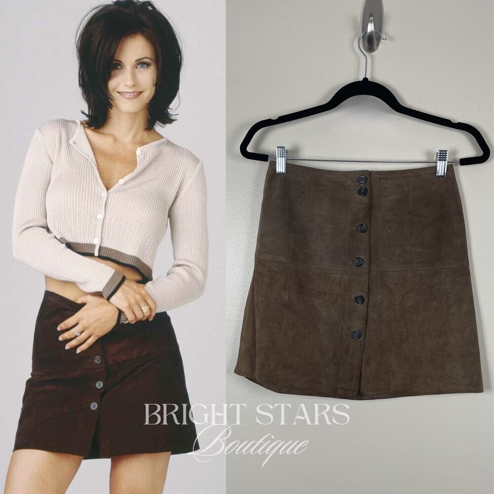 Rare ALT Brown Suede Mini Skirt ASO Monica Gellar Friends Vintage 90s Button Up - Picture 1 of 8
